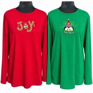 Lot of 2 Christmas Shirts Long Sleeve JOY Ornament Red Penguin Santa Hat Green